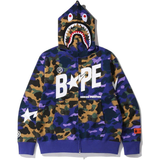 BAPE x Heron Preston Mix 1st Camo Shark Relaxed Fit Full Zip Hoodie Purple