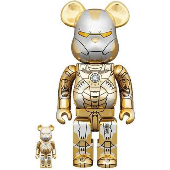Bearbrick x Hajime Sorayama x Marvel Iron Man Reverse 100% & 400% Set Gold/Silver
