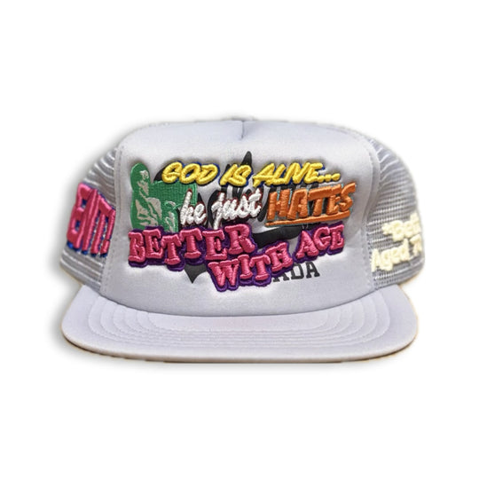 Better With Age Repend Embroidered Mesh Panel Trucker Hat Grey