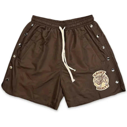 Saint Vanity Nylon Logo Button Shorts Brown
