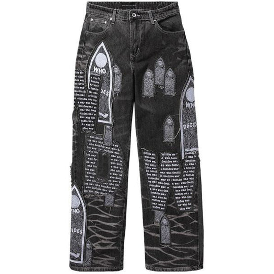 Who Decides War Motif Patched Denim Vintage Grey